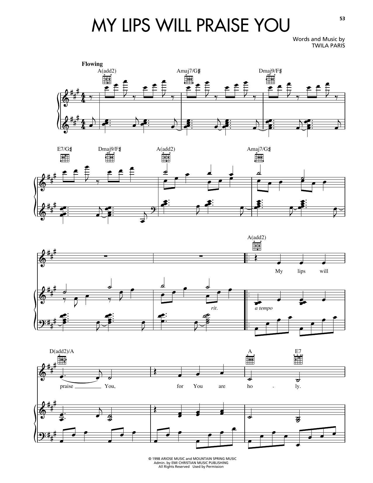 Twila Paris My Lips Will Praise You Sheet Music Notes & Chords for Piano, Vocal & Guitar Chords (Right-Hand Melody) - Download or Print PDF