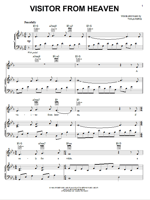Twila Paris Visitor From Heaven Sheet Music Notes & Chords for Piano, Vocal & Guitar (Right-Hand Melody) - Download or Print PDF