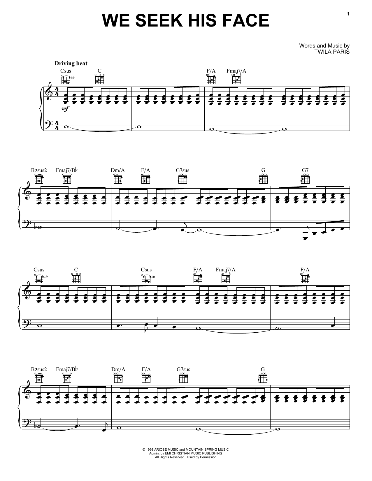 Twila Paris We Seek His Face Sheet Music Notes & Chords for Piano, Vocal & Guitar Chords (Right-Hand Melody) - Download or Print PDF