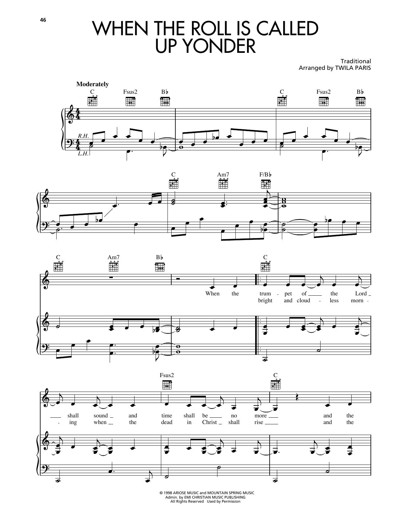 Twila Paris When The Roll Is Called Up Yonder Sheet Music Notes & Chords for Piano, Vocal & Guitar Chords (Right-Hand Melody) - Download or Print PDF