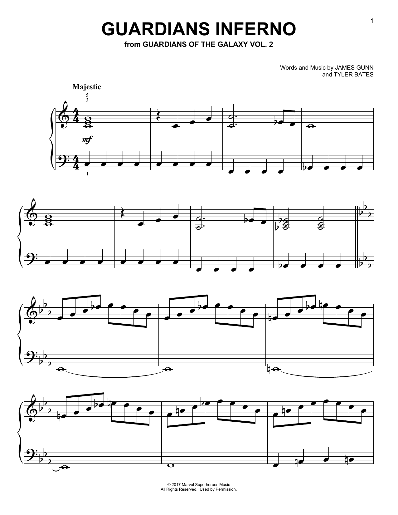 Tyler Bates Guardians Inferno (from Guardians Of The Galaxy) Sheet Music Notes & Chords for Easy Piano - Download or Print PDF