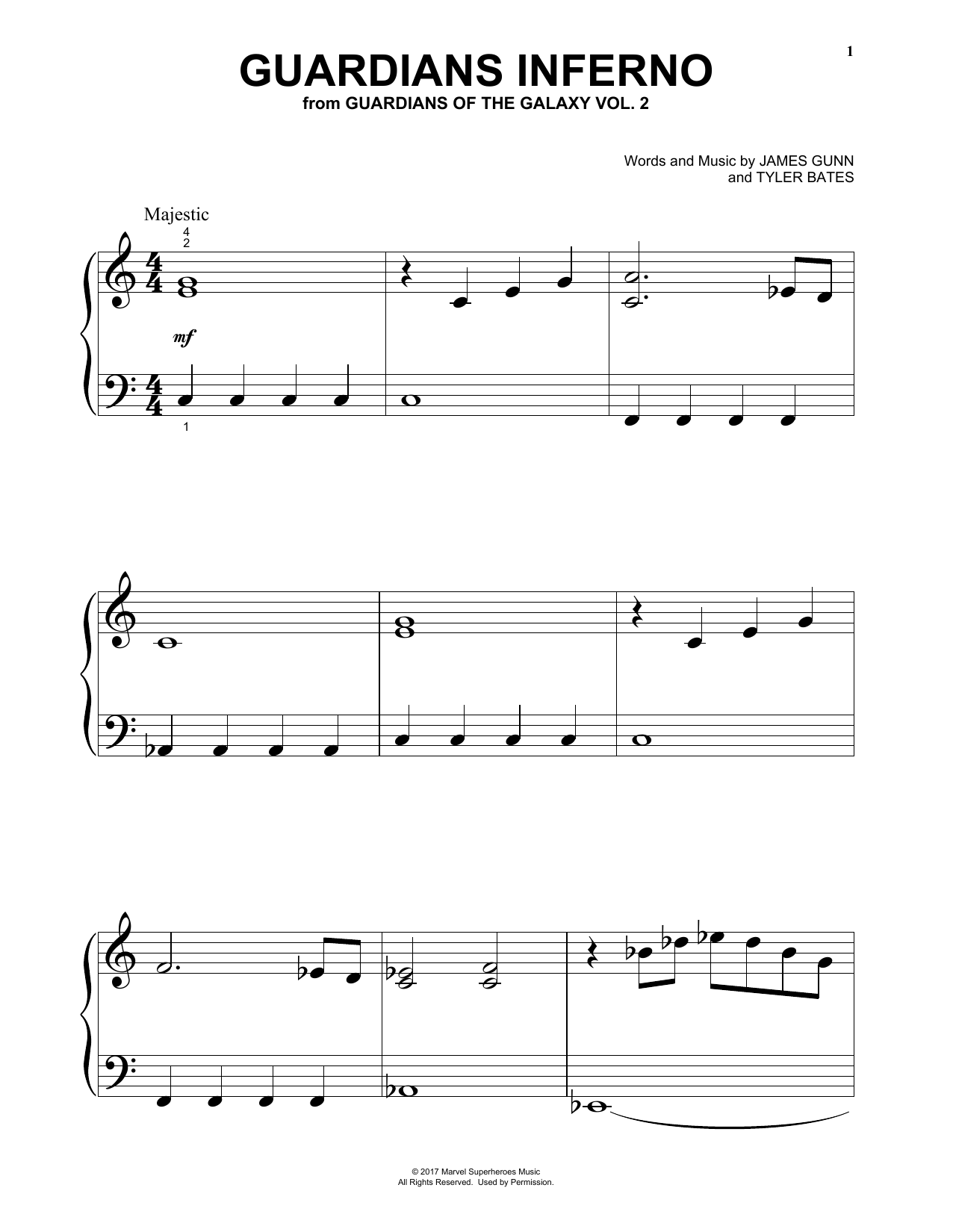 Tyler Bates Guardians Inferno (from Guardians Of The Galaxy Vol. 2) Sheet Music Notes & Chords for Big Note Piano - Download or Print PDF