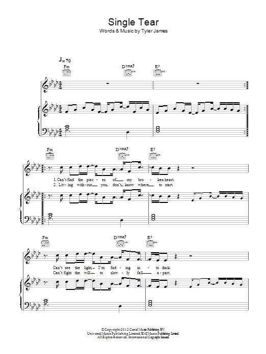 Tyler James Single Tear Sheet Music Notes & Chords for Piano, Vocal & Guitar (Right-Hand Melody) - Download or Print PDF