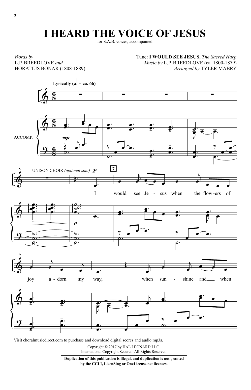 Tyler Mabry I Heard The Voice Of Jesus Sheet Music Notes & Chords for SAB - Download or Print PDF