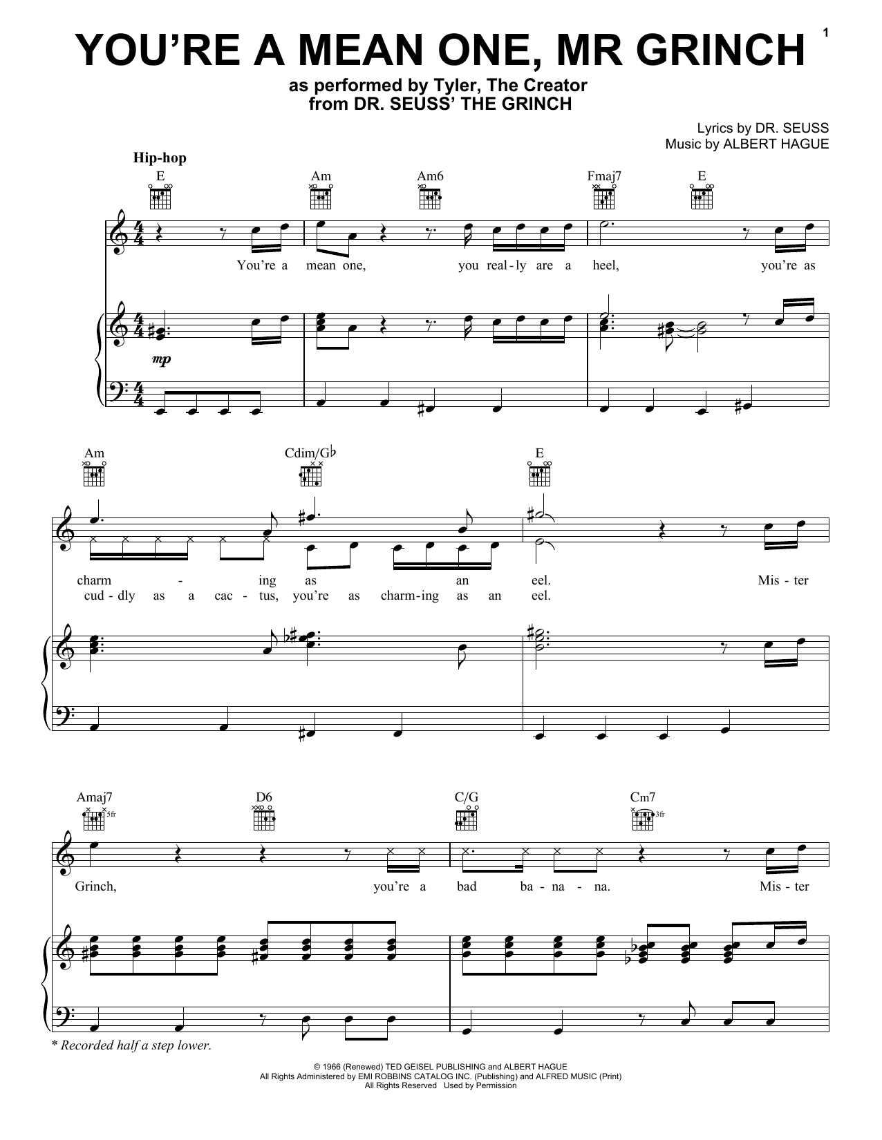 Tyler, The Creator You're A Mean One, Mr. Grinch (from The Grinch) Sheet Music Notes & Chords for Piano, Vocal & Guitar (Right-Hand Melody) - Download or Print PDF
