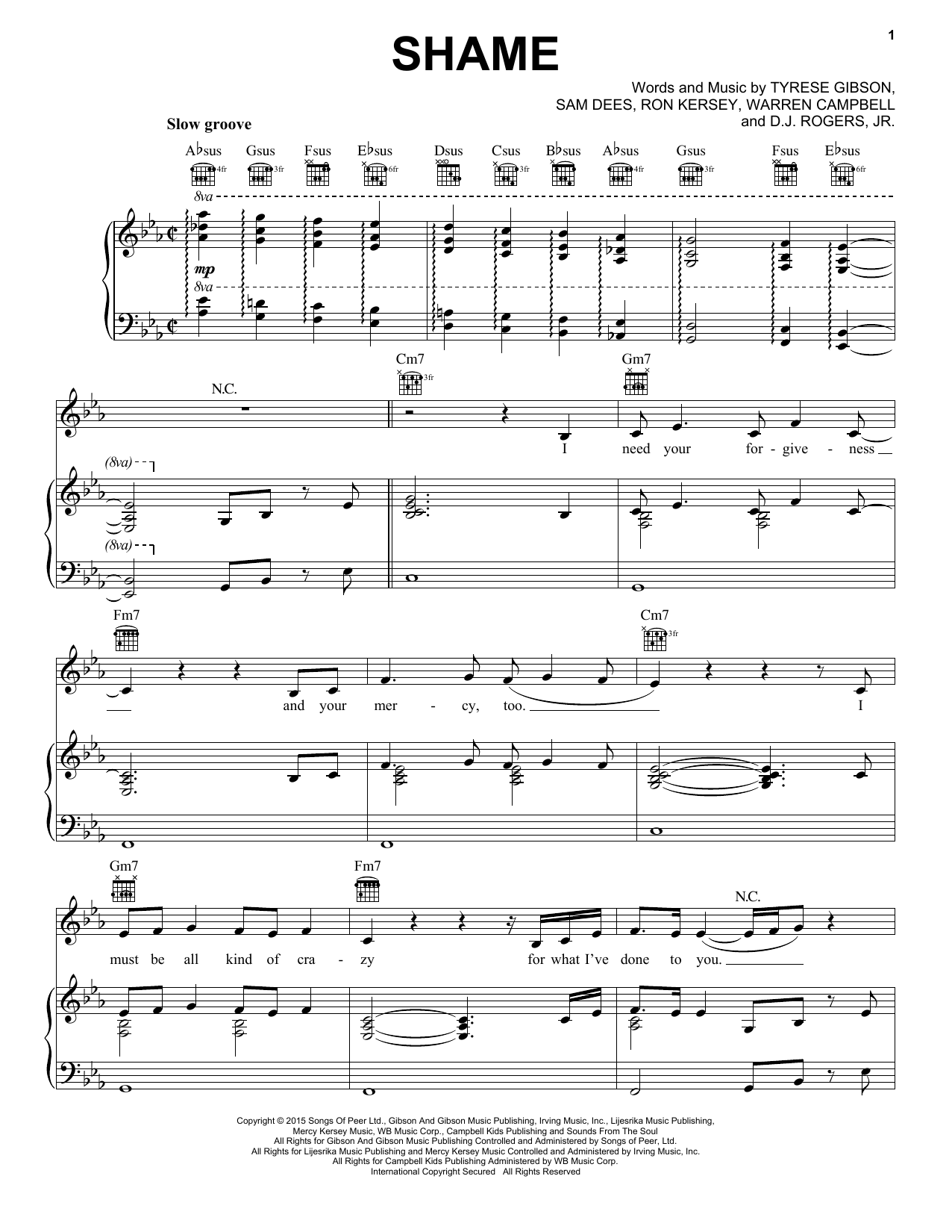 Tyrese Shame Sheet Music Notes & Chords for Piano, Vocal & Guitar (Right-Hand Melody) - Download or Print PDF