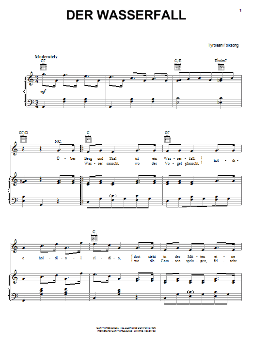 Tyrolean Folksong Der Wasserfall Sheet Music Notes & Chords for Piano, Vocal & Guitar (Right-Hand Melody) - Download or Print PDF