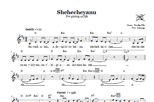 Tzvika Pik Shehecheyanu (For Giving Us Life) Sheet Music Notes & Chords for Melody Line, Lyrics & Chords - Download or Print PDF