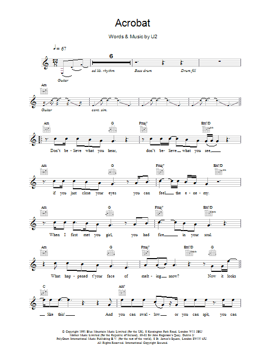 U2 Acrobat Sheet Music Notes & Chords for Melody Line, Lyrics & Chords - Download or Print PDF