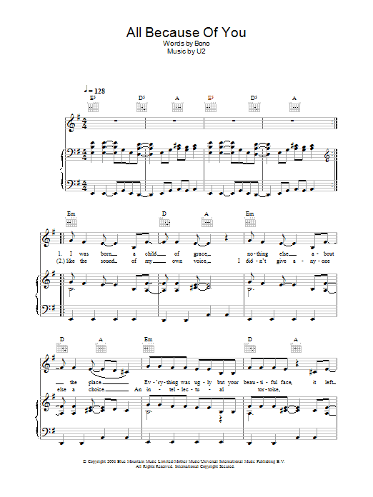 U2 All Because Of You Sheet Music Notes & Chords for Guitar Tab - Download or Print PDF