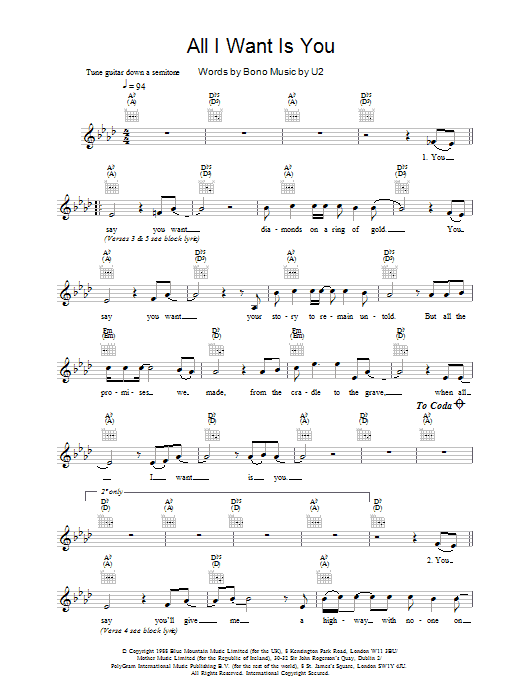 U2 All I Want Is You Sheet Music Notes & Chords for Piano, Vocal & Guitar (Right-Hand Melody) - Download or Print PDF