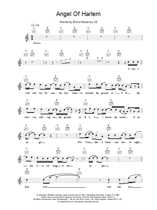 U2 Angel Of Harlem Sheet Music Notes & Chords for Melody Line, Lyrics & Chords - Download or Print PDF