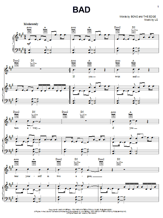 U2 Bad Sheet Music Notes & Chords for Piano, Vocal & Guitar (Right-Hand Melody) - Download or Print PDF