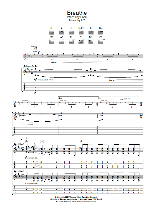 U2 Breathe Sheet Music Notes & Chords for Guitar Tab - Download or Print PDF