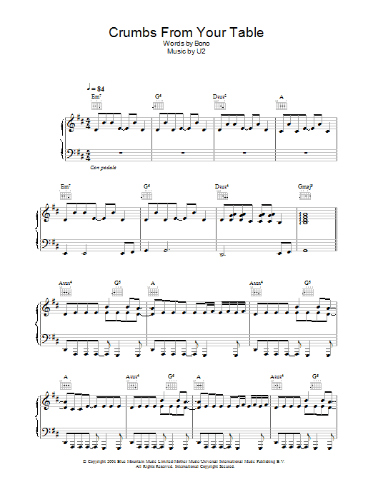 U2 Crumbs From Your Table Sheet Music Notes & Chords for Piano, Vocal & Guitar (Right-Hand Melody) - Download or Print PDF
