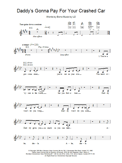 U2 Daddy's Gonna Pay For Your Crashed Car Sheet Music Notes & Chords for Melody Line, Lyrics & Chords - Download or Print PDF