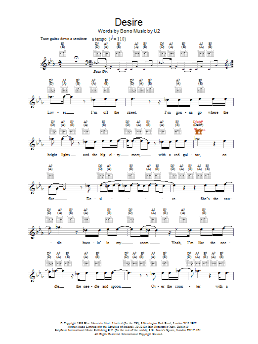 U2 Desire Sheet Music Notes & Chords for Bass Guitar Tab - Download or Print PDF