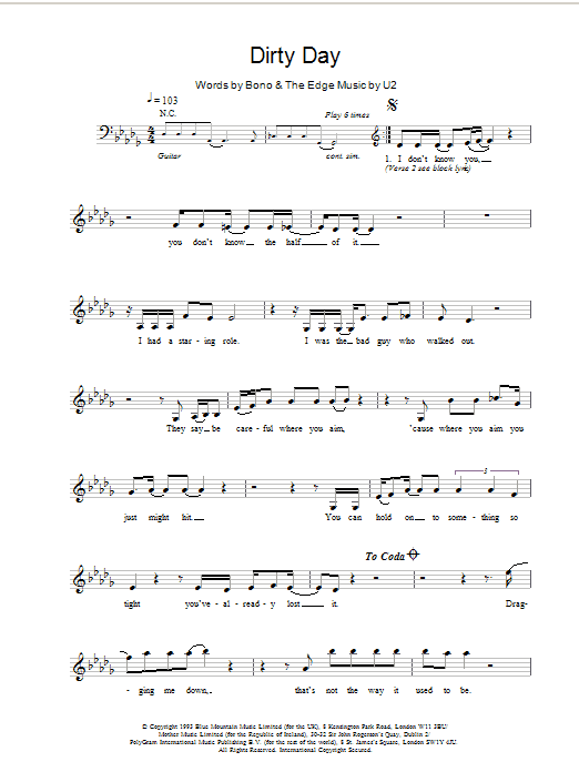 U2 Dirty Day Sheet Music Notes & Chords for Melody Line, Lyrics & Chords - Download or Print PDF