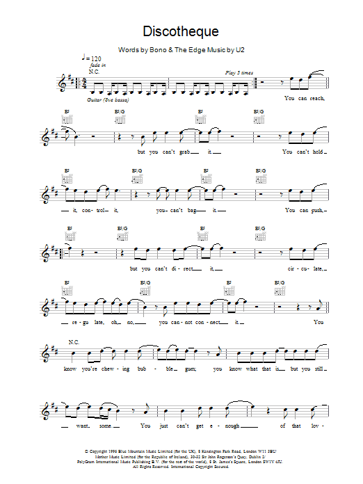U2 Discotheque Sheet Music Notes & Chords for Melody Line, Lyrics & Chords - Download or Print PDF