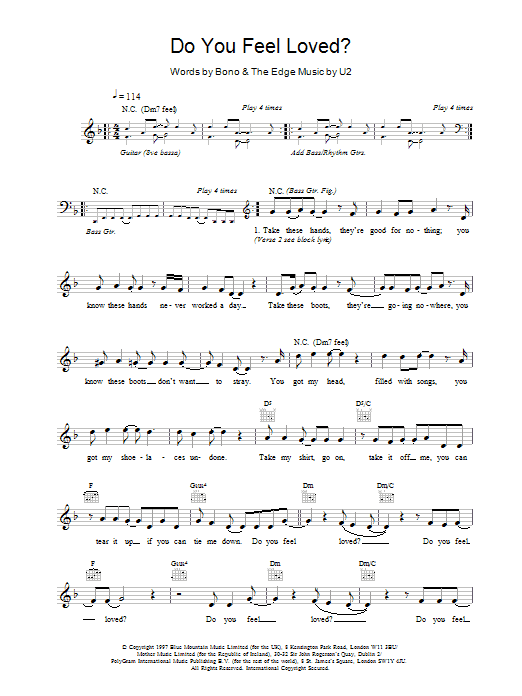 U2 Do You Feel Loved? Sheet Music Notes & Chords for Melody Line, Lyrics & Chords - Download or Print PDF