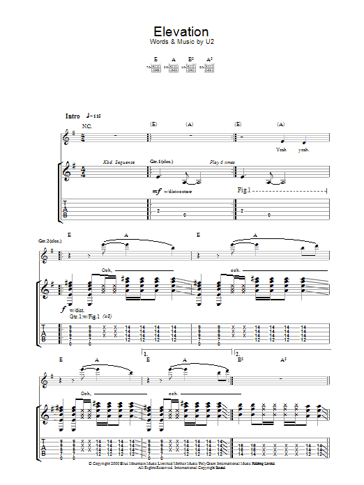 U2 Elevation Sheet Music Notes & Chords for Guitar Tab - Download or Print PDF
