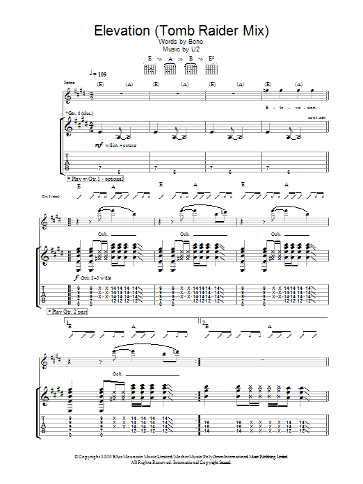 U2 Elevation (Tomb Raider Mix) Sheet Music Notes & Chords for Guitar Tab - Download or Print PDF