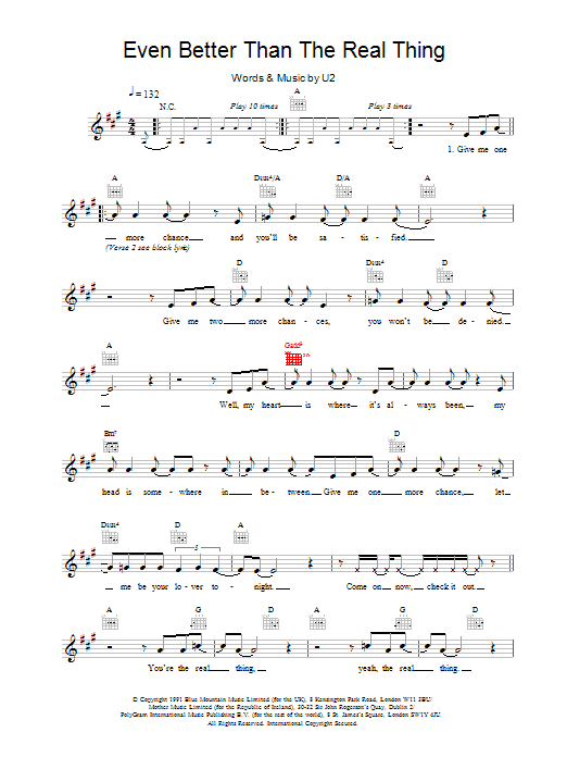 U2 Even Better Than The Real Thing Sheet Music Notes & Chords for Melody Line, Lyrics & Chords - Download or Print PDF