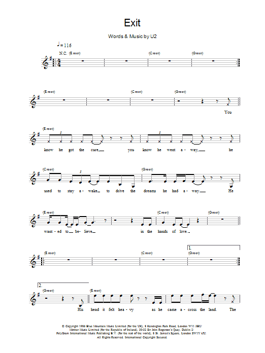 U2 Exit Sheet Music Notes & Chords for Melody Line, Lyrics & Chords - Download or Print PDF