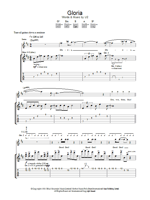 U2 Gloria Sheet Music Notes & Chords for Guitar Tab - Download or Print PDF