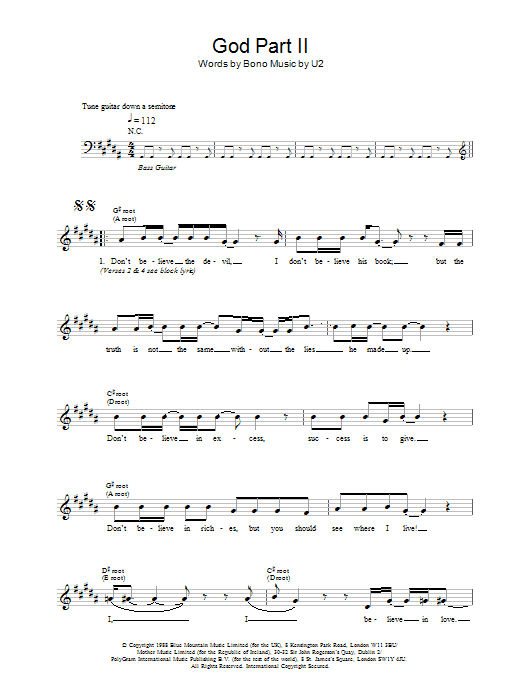 U2 God Part II Sheet Music Notes & Chords for Melody Line, Lyrics & Chords - Download or Print PDF