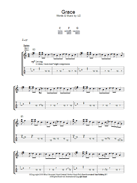 U2 Grace Sheet Music Notes & Chords for Guitar Tab - Download or Print PDF