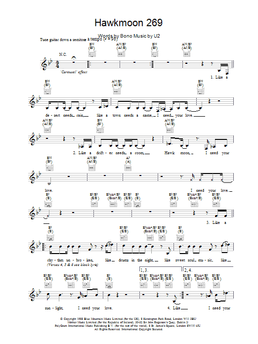 U2 Hawkmoon 269 Sheet Music Notes & Chords for Melody Line, Lyrics & Chords - Download or Print PDF