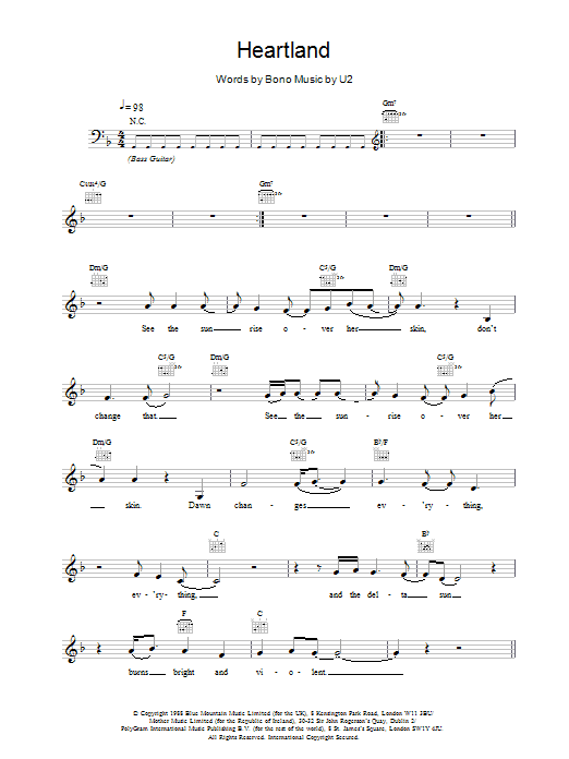 U2 Heartland Sheet Music Notes & Chords for Melody Line, Lyrics & Chords - Download or Print PDF