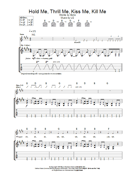 U2 Hold Me, Thrill Me, Kiss Me, Kill Me Sheet Music Notes & Chords for Lyrics & Chords - Download or Print PDF