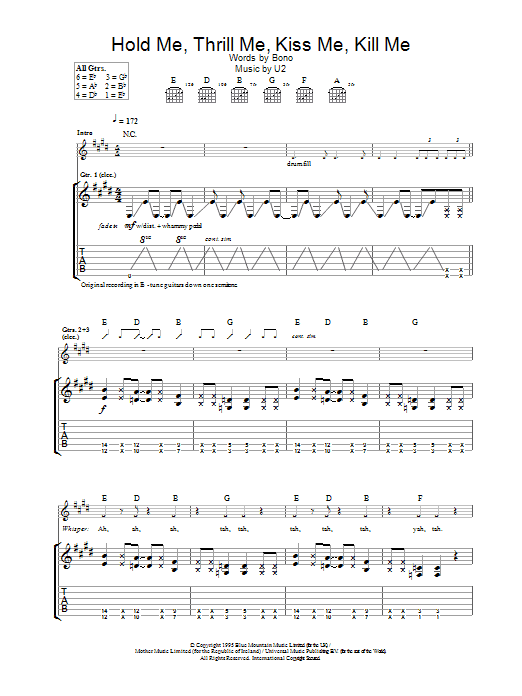 U2 Hold Me, Thrill Me, Kiss Me, Kill Me Sheet Music Notes & Chords for Guitar Tab - Download or Print PDF