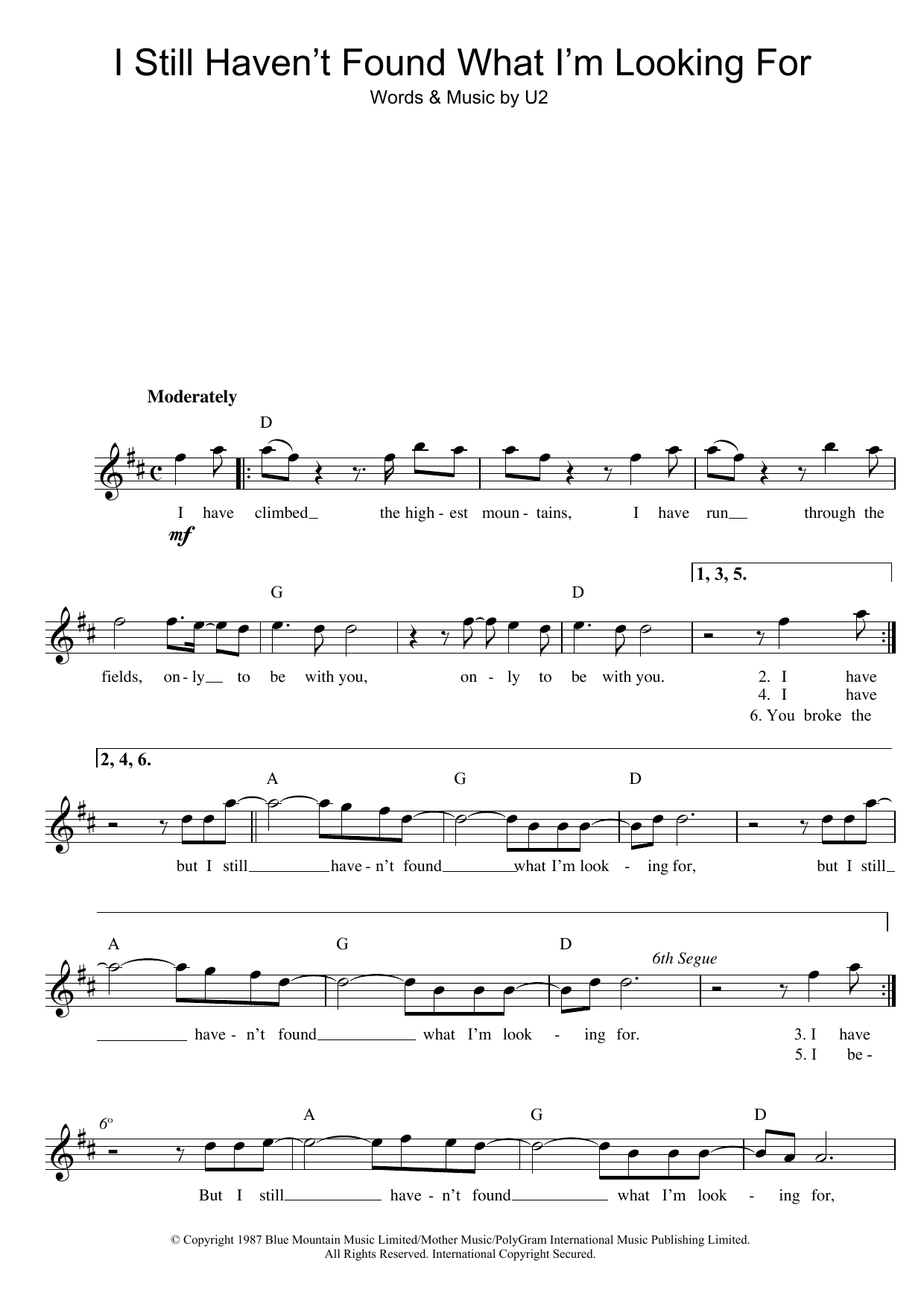 U2 I Still Haven't Found What I'm Looking For Sheet Music Notes & Chords for Mandolin - Download or Print PDF