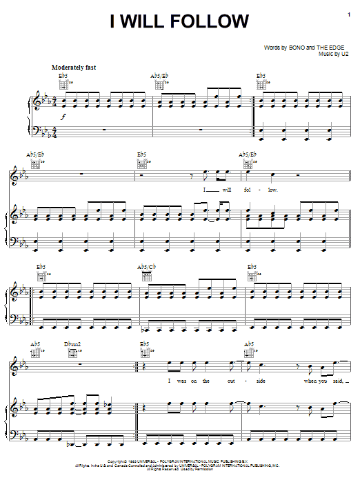 U2 I Will Follow Sheet Music Notes & Chords for Piano, Vocal & Guitar (Right-Hand Melody) - Download or Print PDF