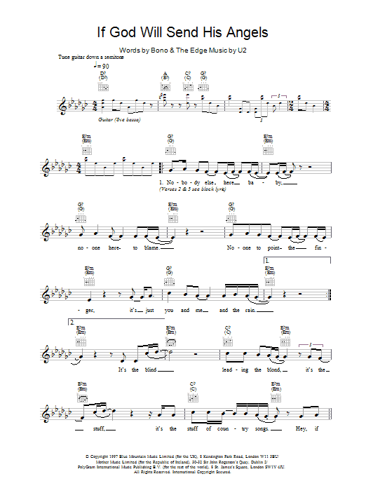 U2 If God Will Send His Angels Sheet Music Notes & Chords for Melody Line, Lyrics & Chords - Download or Print PDF