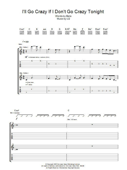 U2 I'll Go Crazy If I Don't Go Crazy Tonight Sheet Music Notes & Chords for Guitar Tab - Download or Print PDF