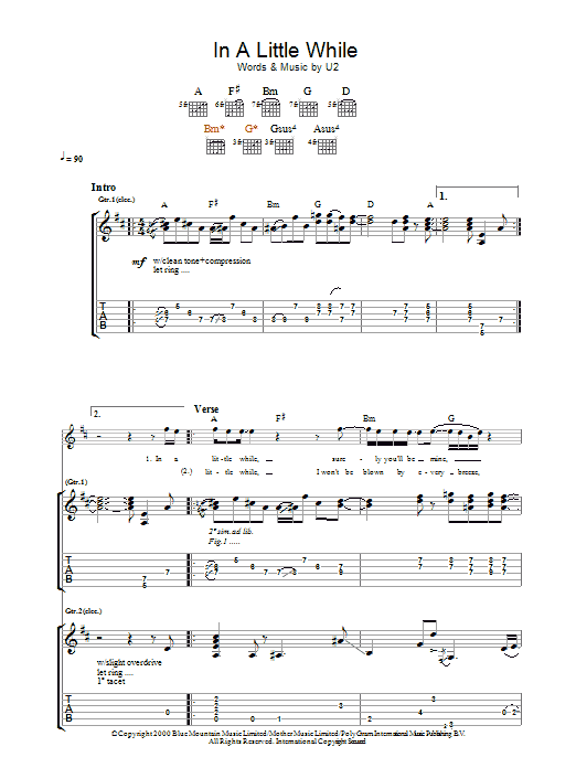 U2 In A Little While Sheet Music Notes & Chords for Guitar Tab - Download or Print PDF