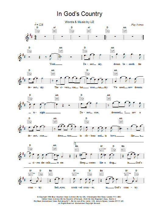 U2 In God's Country Sheet Music Notes & Chords for Melody Line, Lyrics & Chords - Download or Print PDF