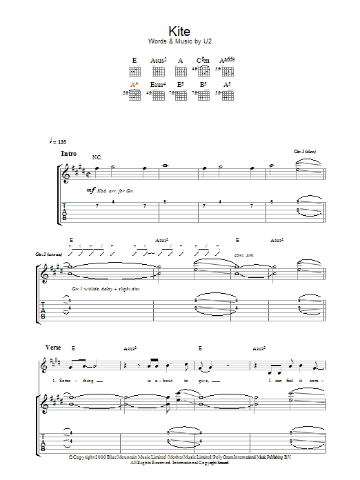 U2 Kite Sheet Music Notes & Chords for Guitar Tab - Download or Print PDF