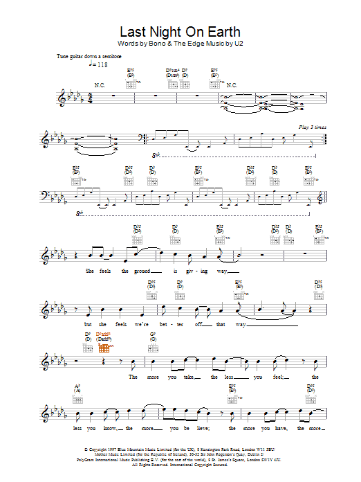 U2 Last Night On Earth Sheet Music Notes & Chords for Melody Line, Lyrics & Chords - Download or Print PDF
