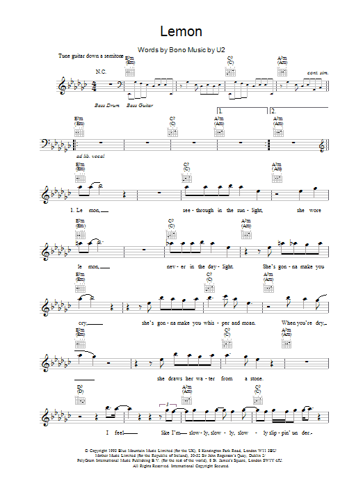 U2 Lemon Sheet Music Notes & Chords for Melody Line, Lyrics & Chords - Download or Print PDF