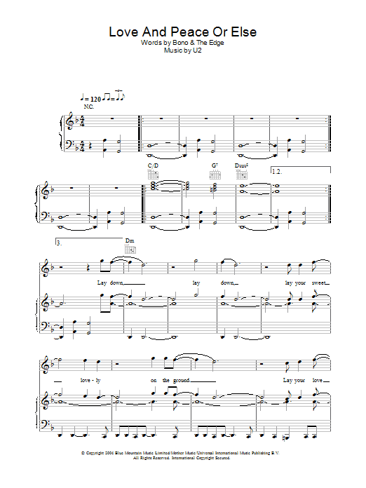 U2 Love And Peace Or Else Sheet Music Notes & Chords for Piano, Vocal & Guitar (Right-Hand Melody) - Download or Print PDF