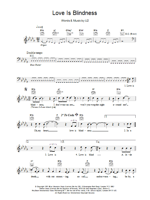 U2 Love Is Blindness Sheet Music Notes & Chords for Melody Line, Lyrics & Chords - Download or Print PDF