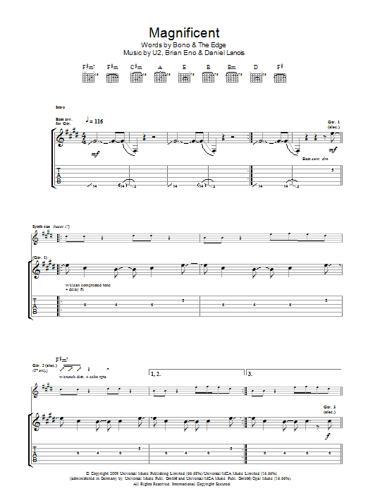 U2 Magnificent Sheet Music Notes & Chords for Piano, Vocal & Guitar (Right-Hand Melody) - Download or Print PDF