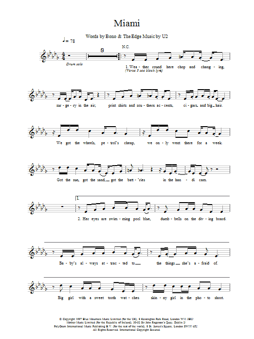 U2 Miami Sheet Music Notes & Chords for Melody Line, Lyrics & Chords - Download or Print PDF
