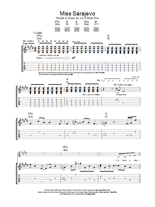 U2 Miss Sarajevo Sheet Music Notes & Chords for Guitar Tab - Download or Print PDF
