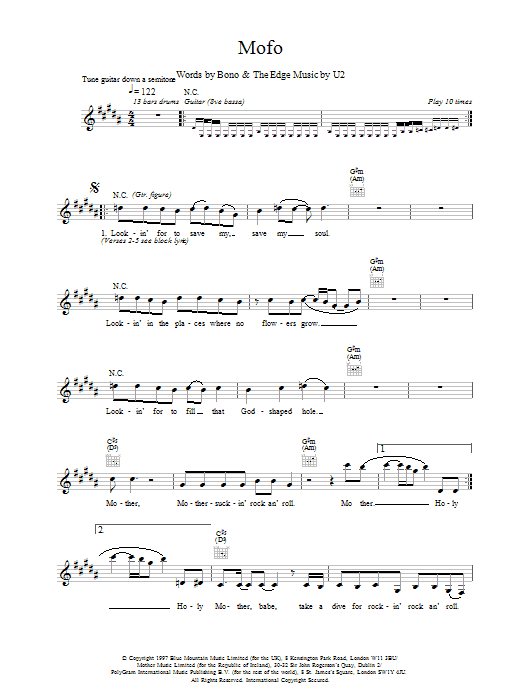 U2 Mofo Sheet Music Notes & Chords for Melody Line, Lyrics & Chords - Download or Print PDF